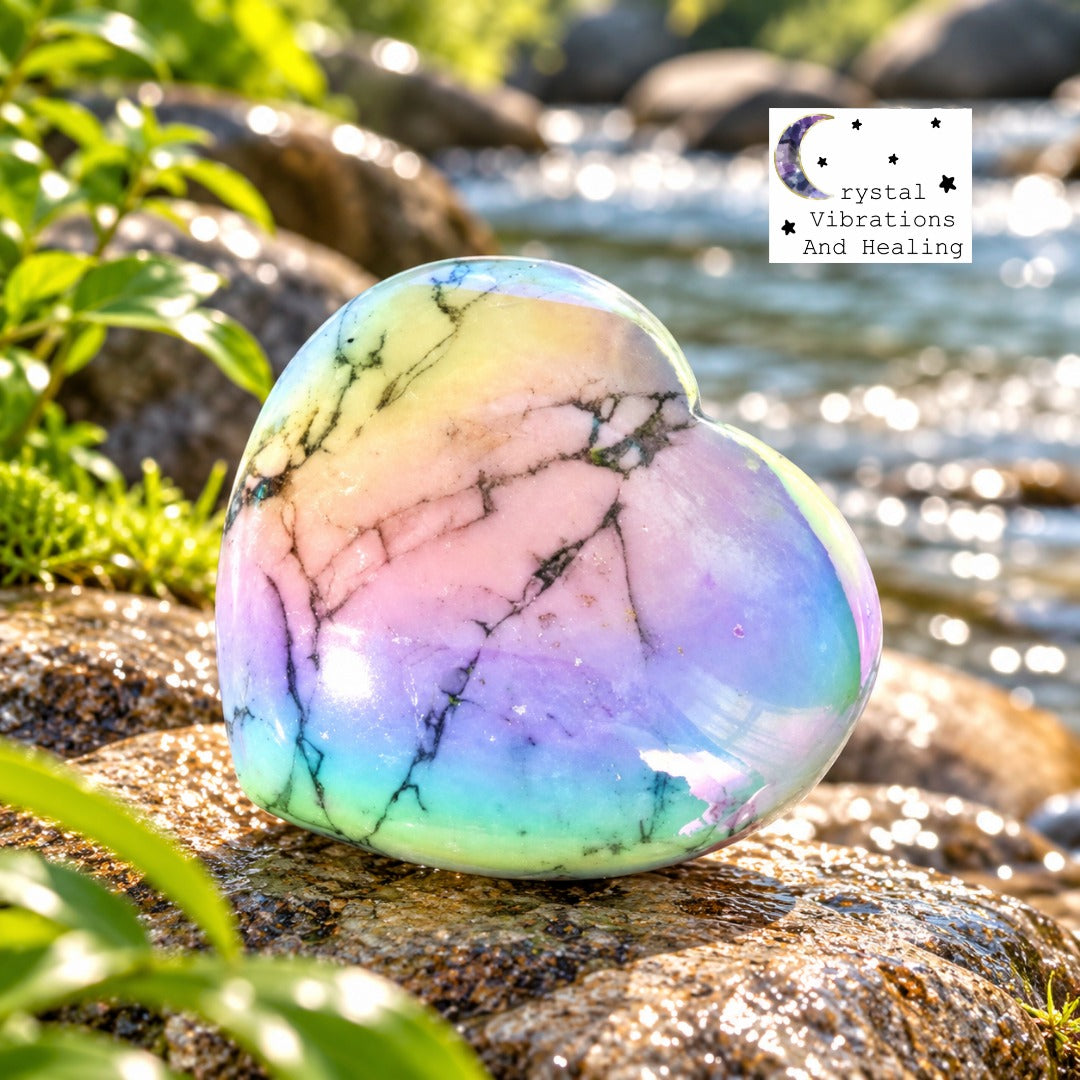 Rainbow Aura Howlite Heart Carving