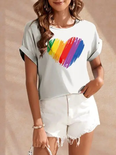 Heart Round Neck Short Sleeve T-Shirt - Image #1