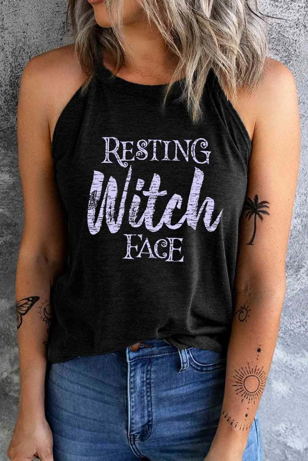 Round Neck RESTING WITCH FACE Graphic Tank Top - Image #1