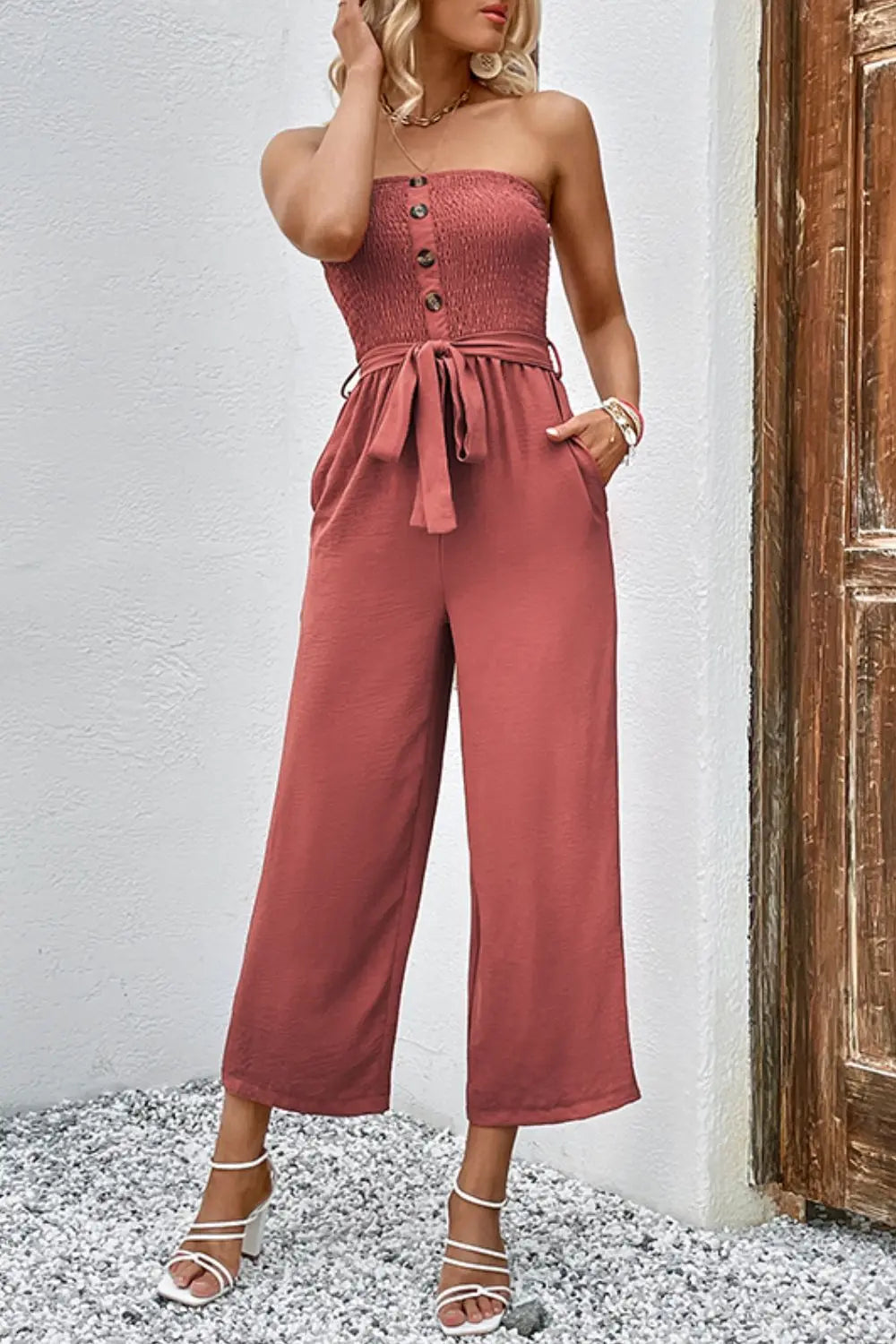 Decorative Button Strapless Smocked Jumpsuit with Pockets - Crystal Vibrations & Healing