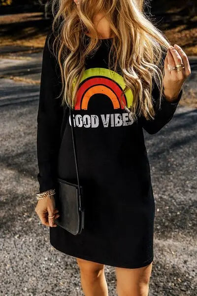 GOOD VIBES Round Neck Long Sleeve Dress - Image #1