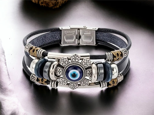 Multilayer Leather Bracelet with Black Turkish Lucky Evil Eye