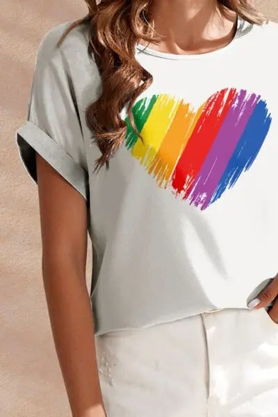 Heart Round Neck Short Sleeve T-Shirt - Image #3