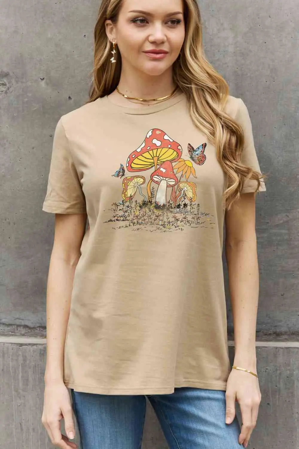 Simply Love Full Size Mushroom & Butterfly Graphic Cotton T-Shirt - Image #1