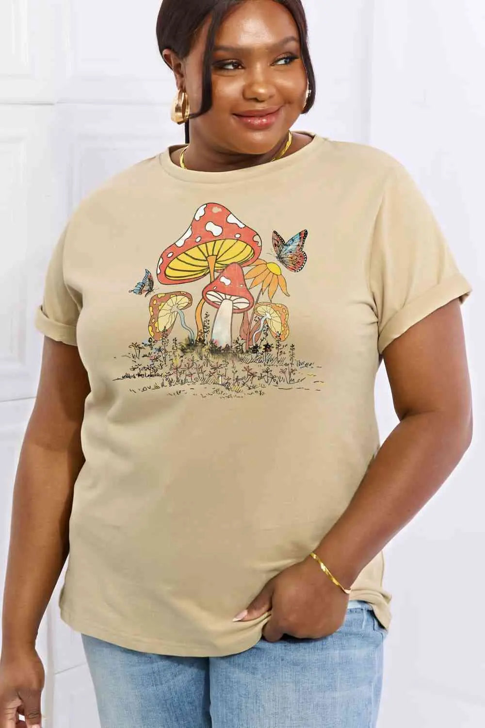 Simply Love Full Size Mushroom & Butterfly Graphic Cotton T-Shirt - Image #4