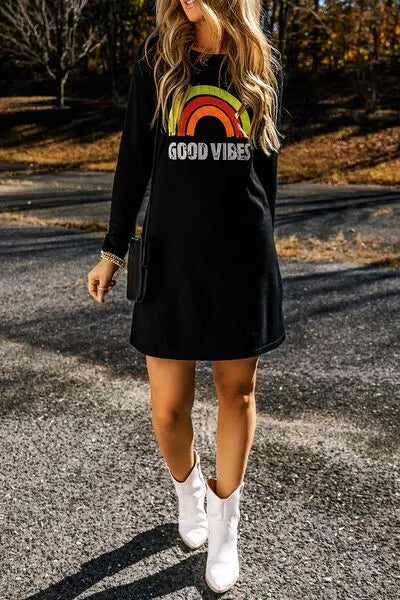 GOOD VIBES Round Neck Long Sleeve Dress - Image #4