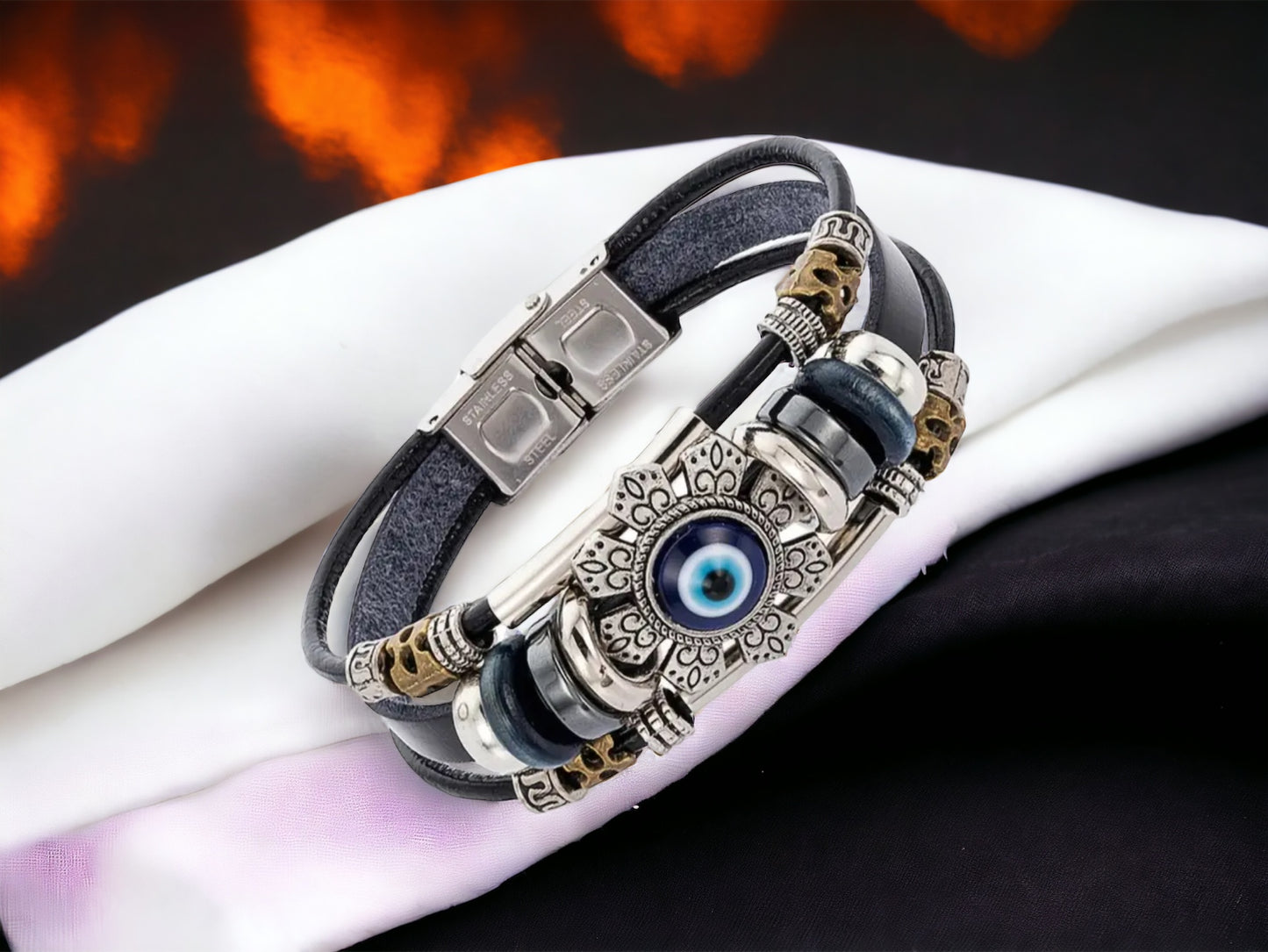 Multilayer Leather Bracelet with Black Turkish Lucky Evil Eye