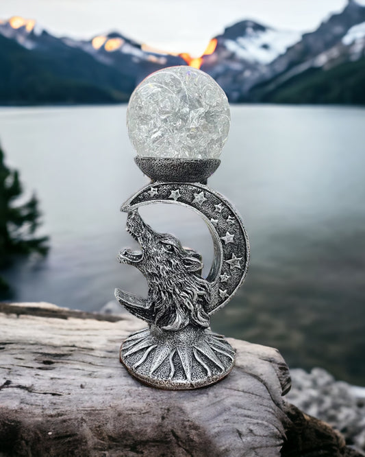 Wolf Head with Moon and Stars Resin Sphere Stand