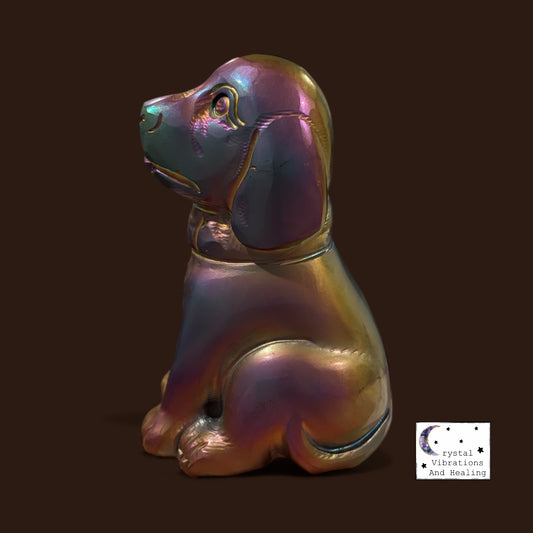 *** Rainbow Aura Coated Black Obsidian Dog Carving *