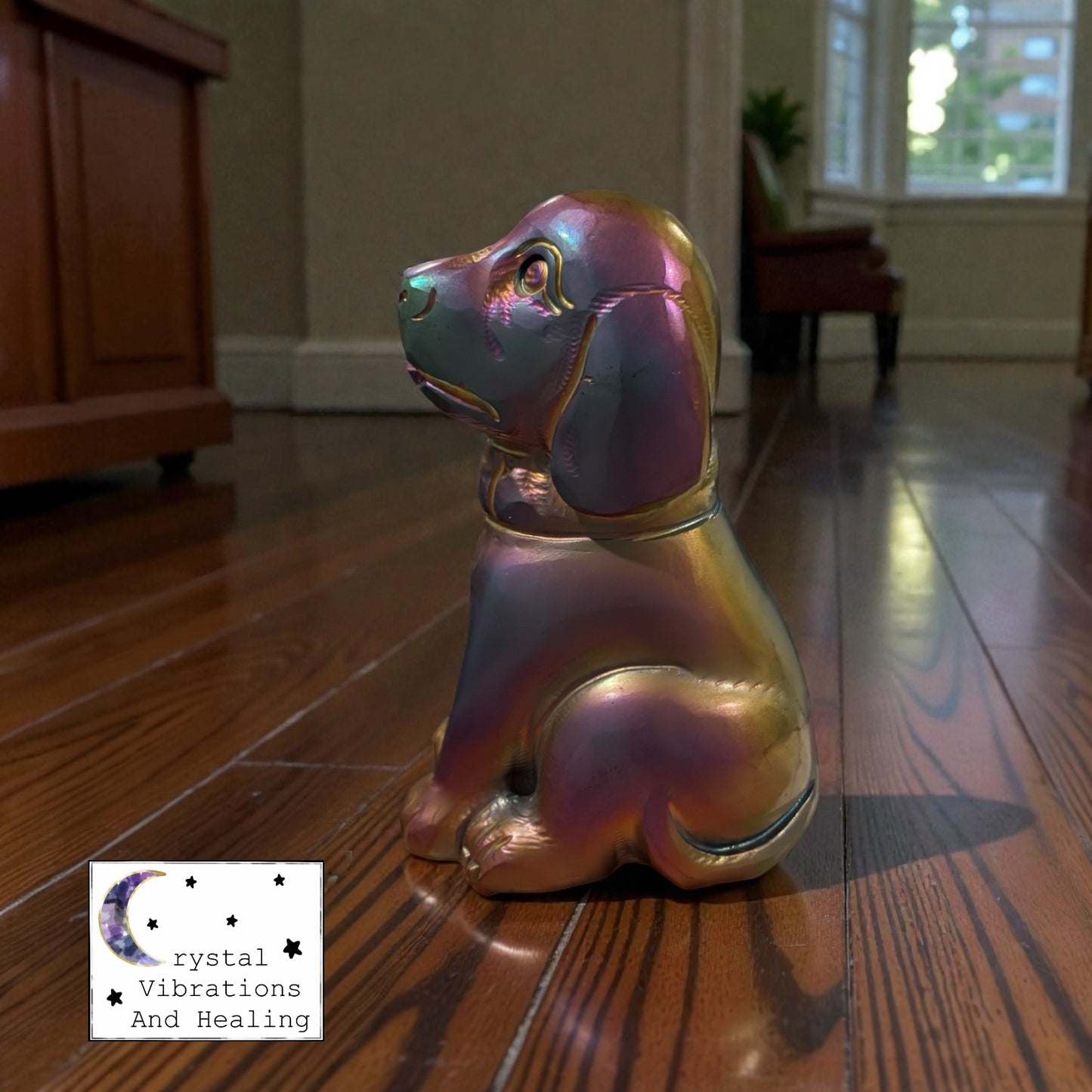 *** Rainbow Aura Coated Black Obsidian Dog Carving *