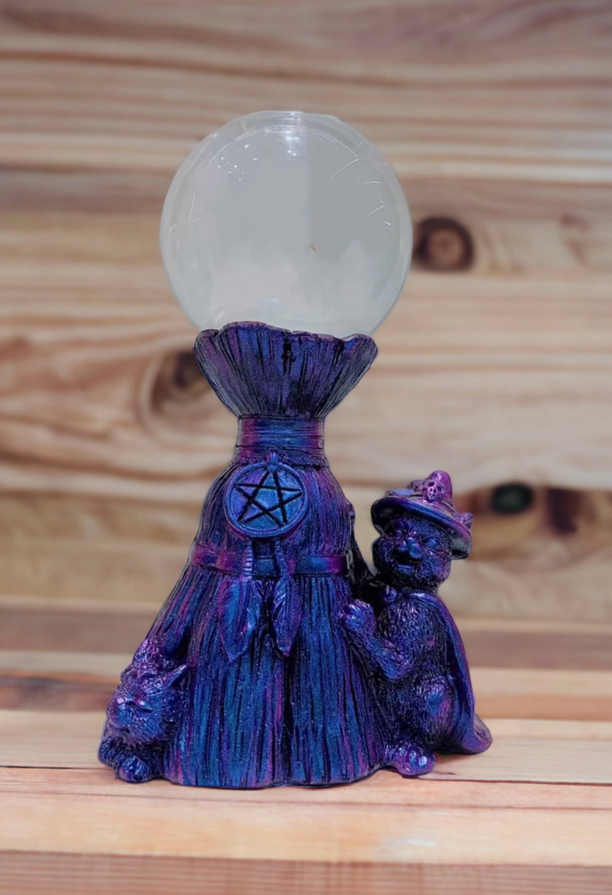 Cat with 3 Brooms Crystal Sphere Stand