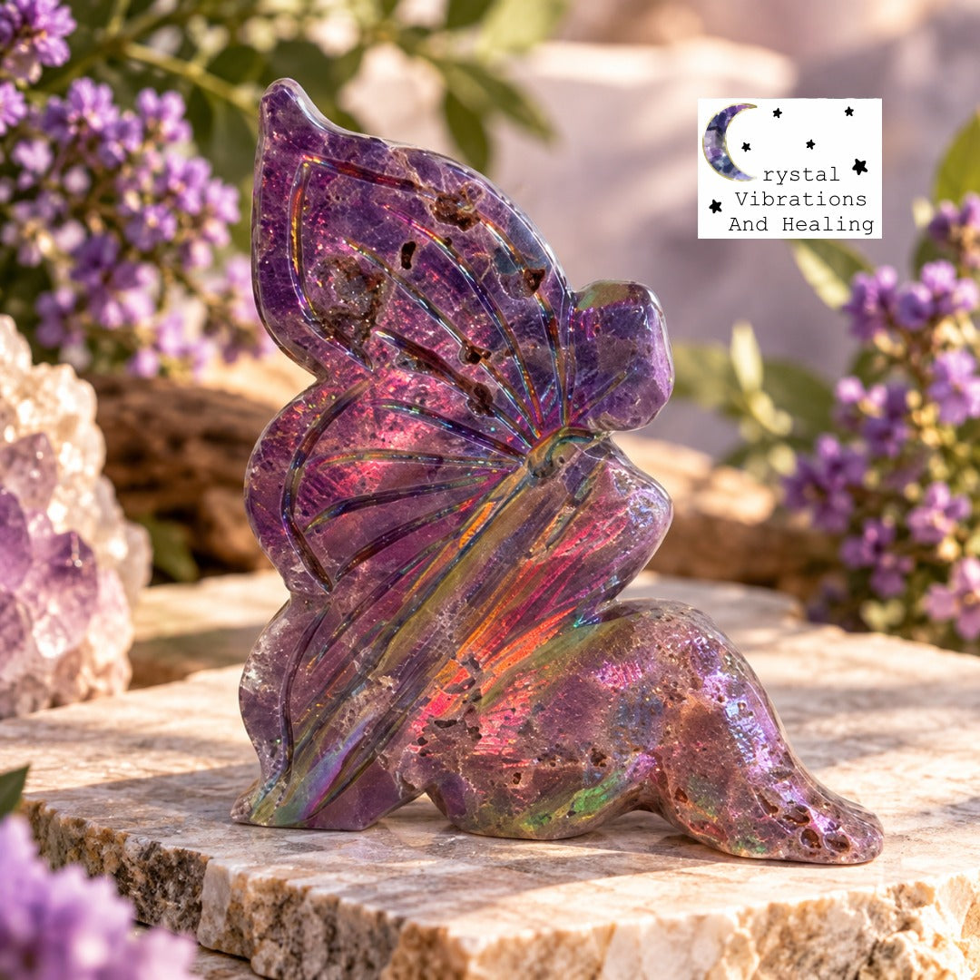 Rainbow Aura Coated Spheralite Angel Carving