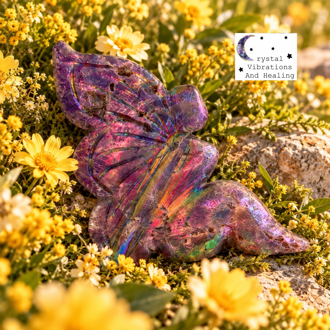 Rainbow Aura Coated Spheralite Angel Carving