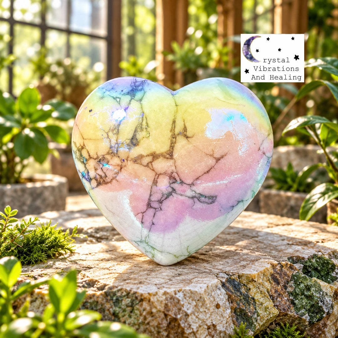 Rainbow Aura Howlite Heart Carving