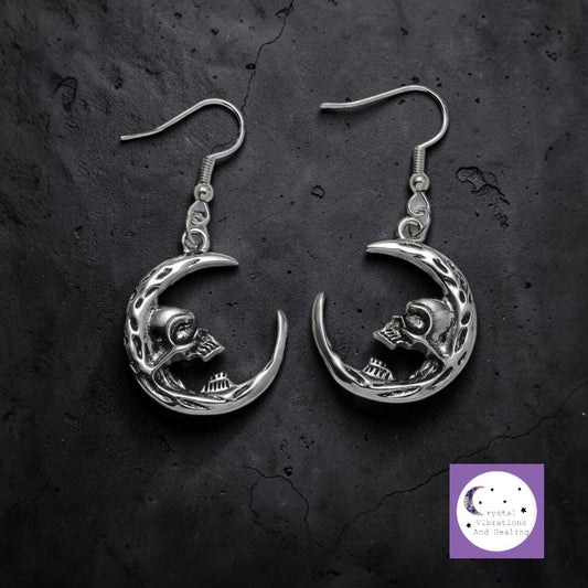Half Skull Face and Crescent Moon Earrings *