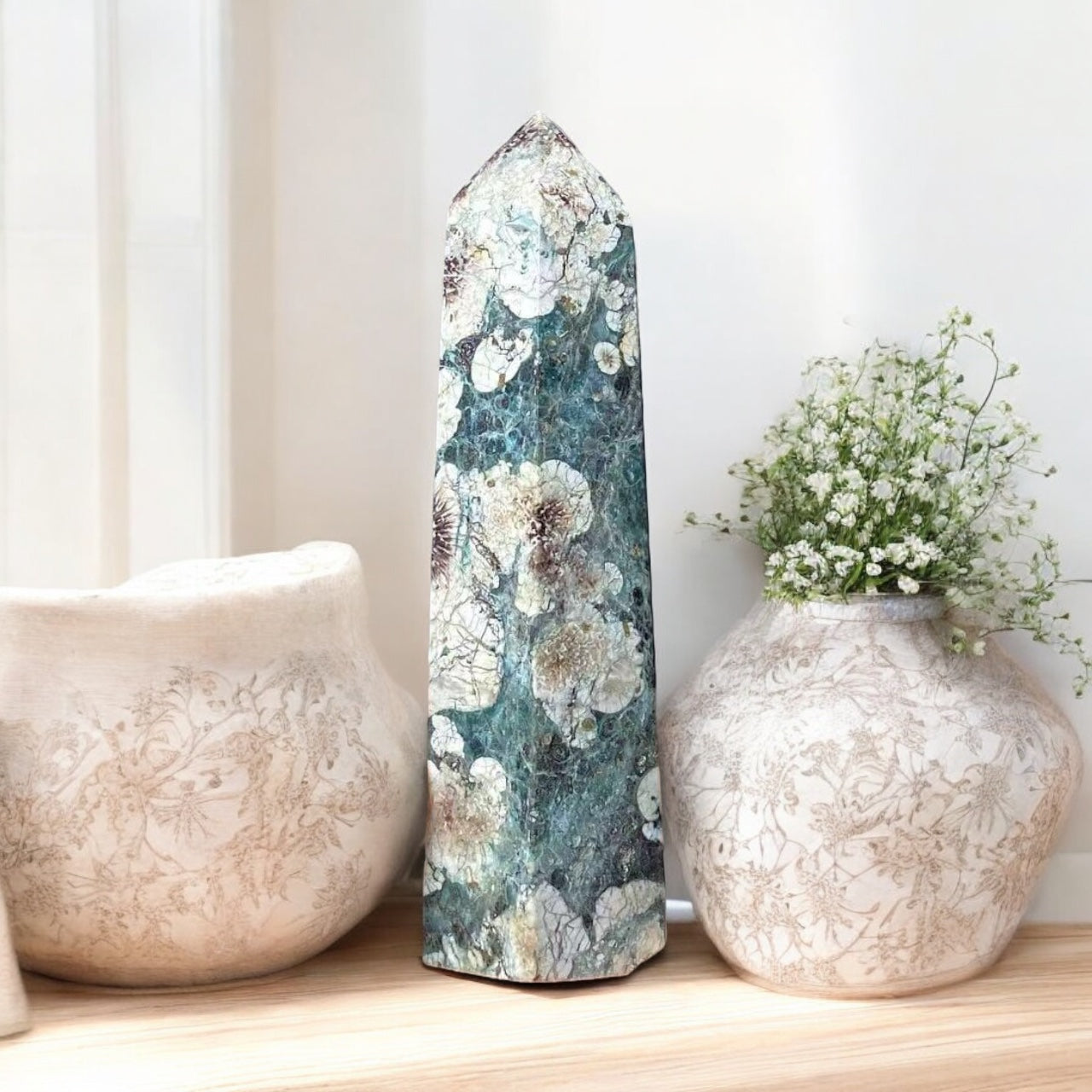 Green Cherry Blossom Jasper Obelisk Tower *