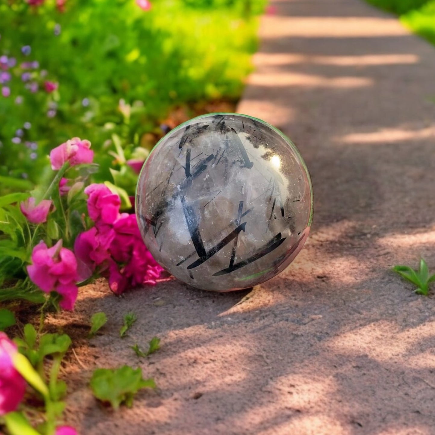 Black Tourmalated Clear Quartz Sphere