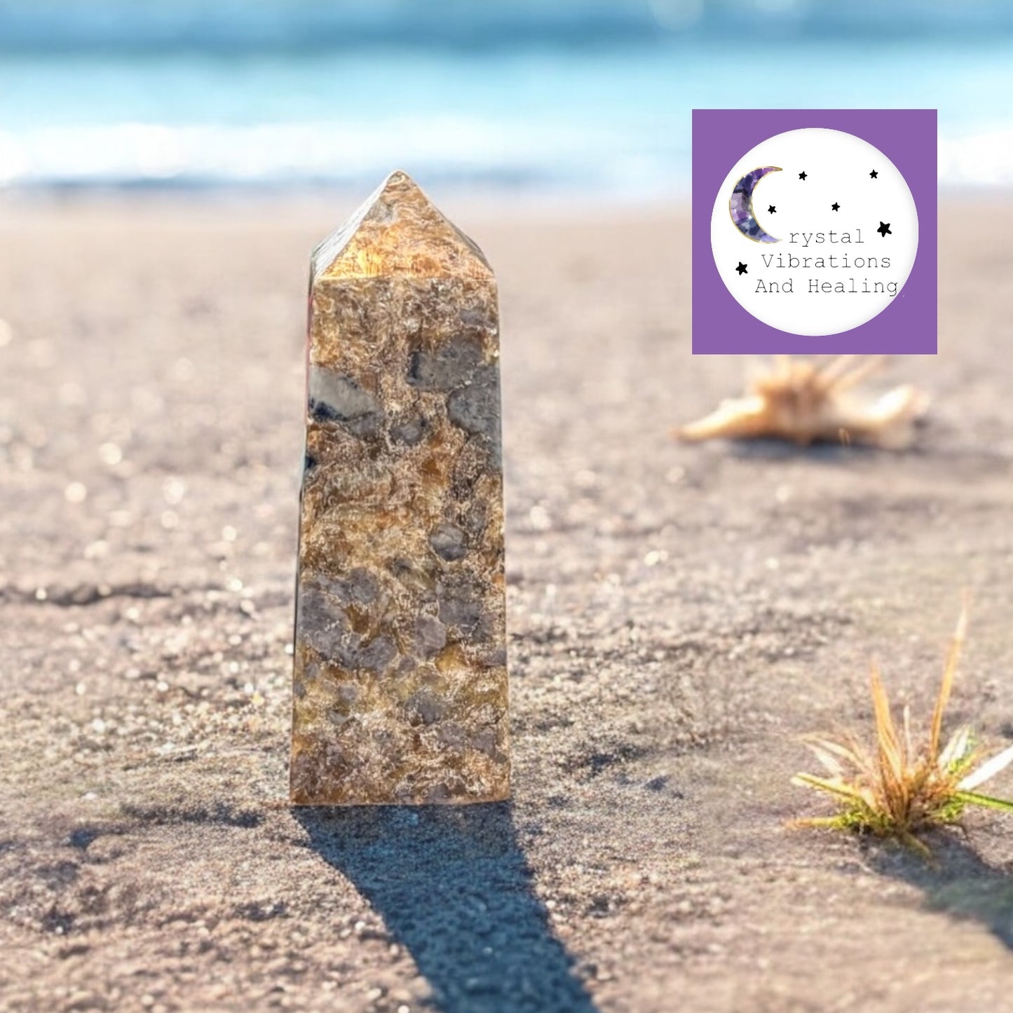 Golden Mica with Blue Sapphire Tower Obelisk *