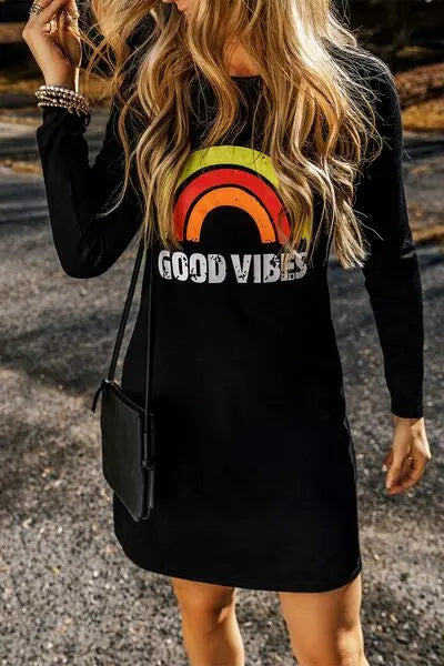 GOOD VIBES Round Neck Long Sleeve Dress - Image #3