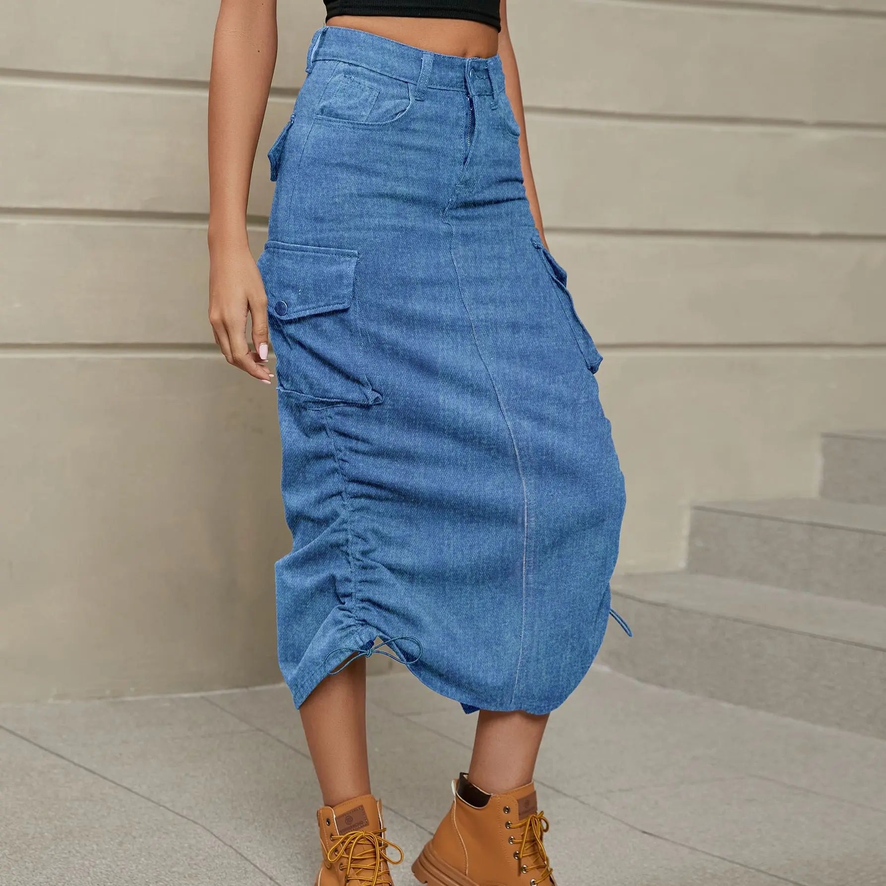 Drawstring Ruched Slit Denim Midi Skirt - Image #19