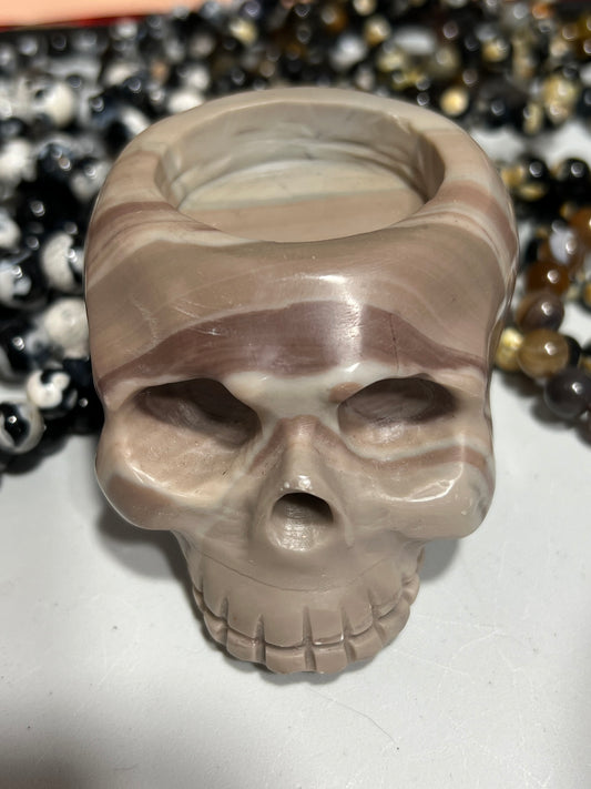 Brown and Tan Jade Skull Candlestick Holder - Crystal Vibrations & Healing