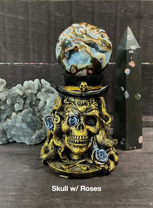 Skull with Rose Sphere Stand - Crystal Vibrations & Healing